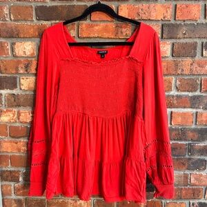 Torrid womens babydoll rayon slub with lace inset smocked top red 2